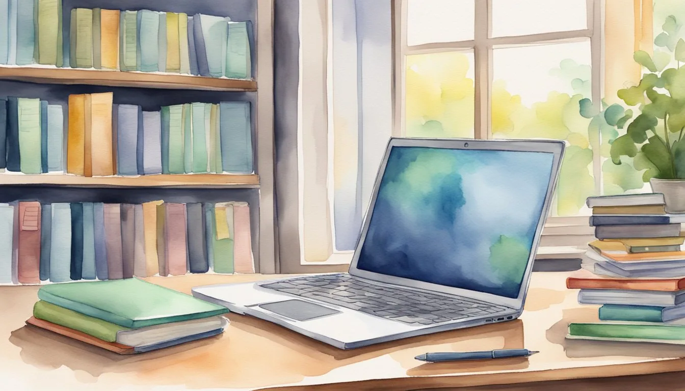 A laptop with multiple tabs open, showing various online tutoring platforms. A bookshelf filled with college prep books in the background