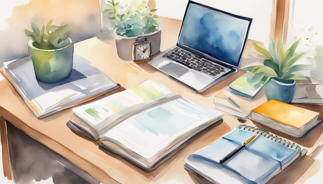 A desk with a laptop, textbooks, and a planner. A clock on the wall shows a balance of work and study time. A clear to-do list is visible