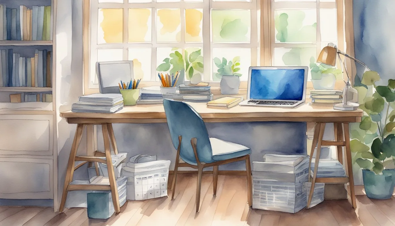 A clutter-free desk with a laptop, textbooks, and notepads. A comfortable chair, good lighting, and a wall calendar for organization