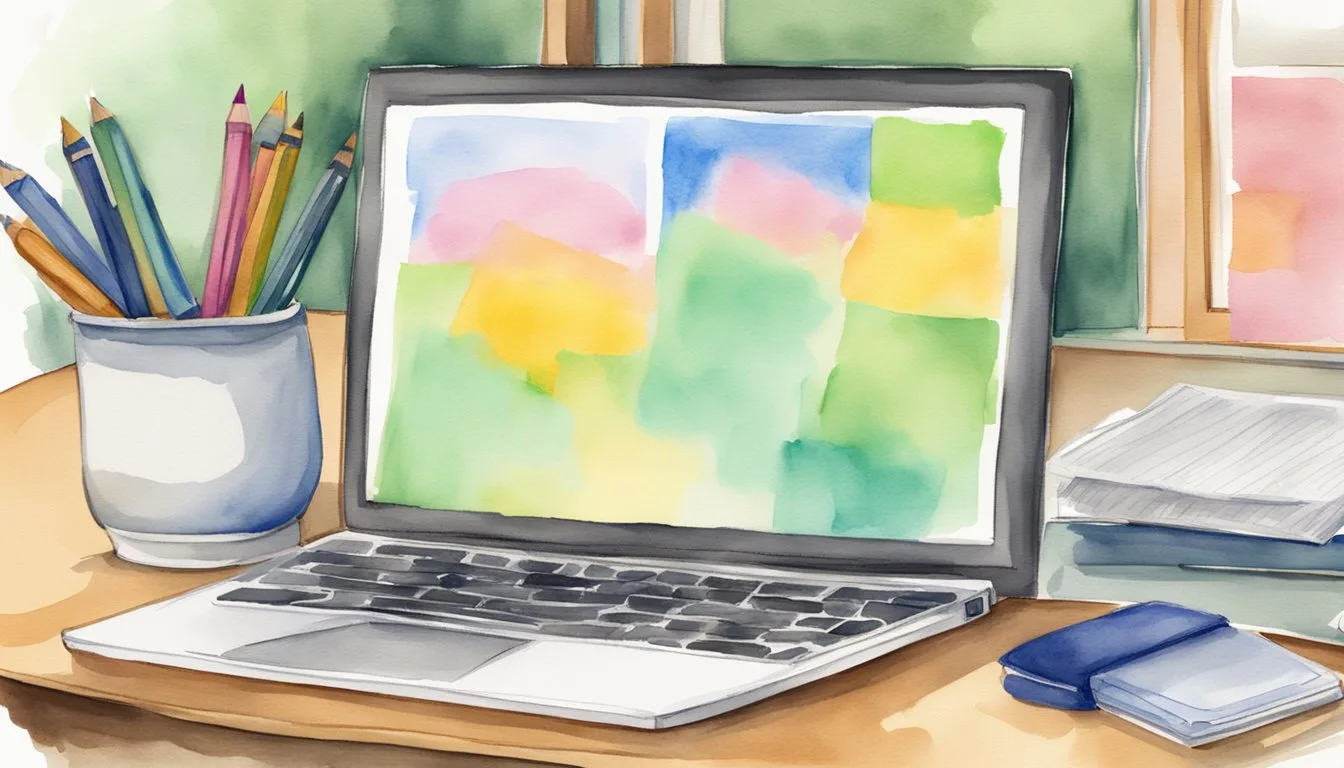 A student desk with a laptop, notebook, and pen. A clock on the wall shows the time. A window with natural light. A "Take Regular Breaks" sticky note on the monitor