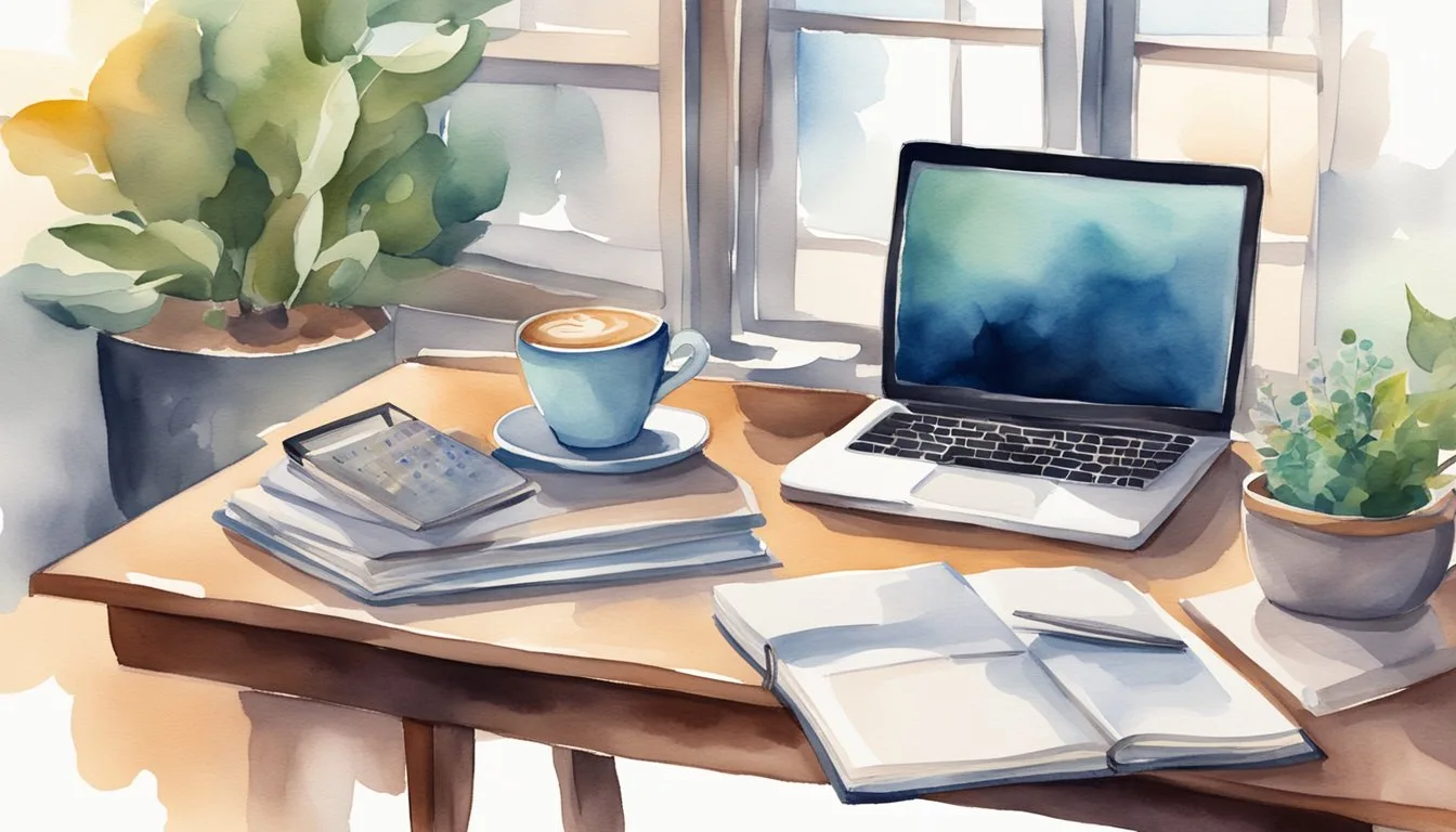 A desk with a laptop, textbooks, and notepads. A clock on the wall shows the time. A calendar with deadlines. A cup of coffee