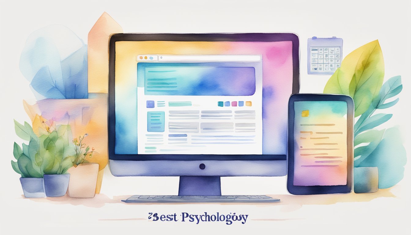 A computer screen displaying the "Simply Psychology 25 best psychology websites" with a list of website names and logos