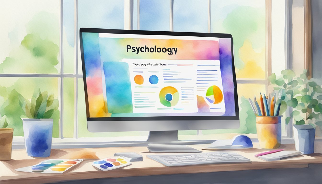 A computer screen displaying Psychology Tools website with 25 best psychology websites listed