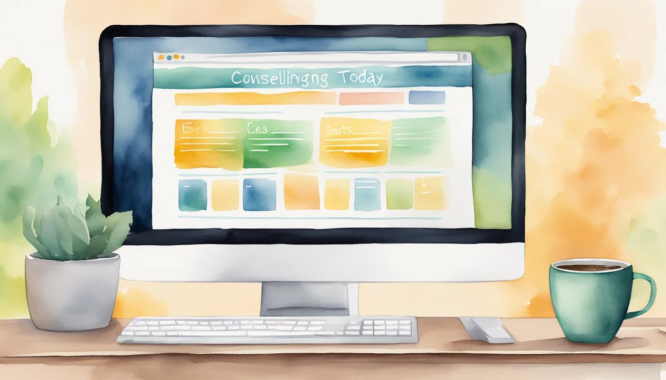 A computer screen displays "Counseling Today 25 best psychology websites" with a list of website names and logos. A mug of coffee sits beside the keyboard