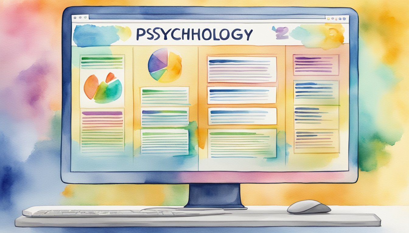 A computer screen displaying a list of "25 best psychology websites" with various website logos and descriptions