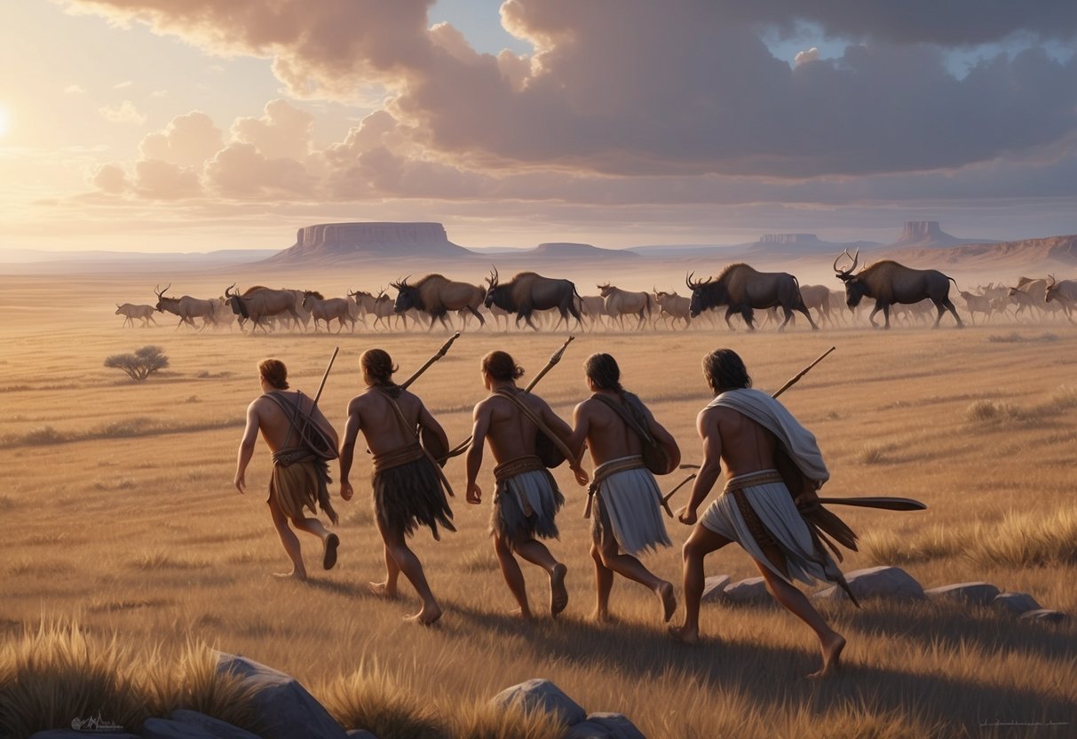 A group of early humans migrate across a vast, open landscape, following a herd of animals as they make their way to a new settlement