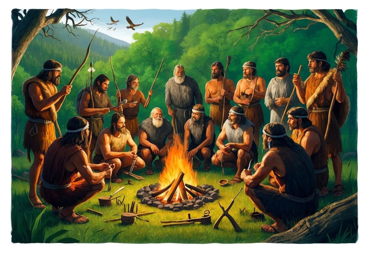 A small group of pre-ice age people gather around a fire, surrounded by simple tools and hunting implements. They are surrounded by a lush, forested landscape