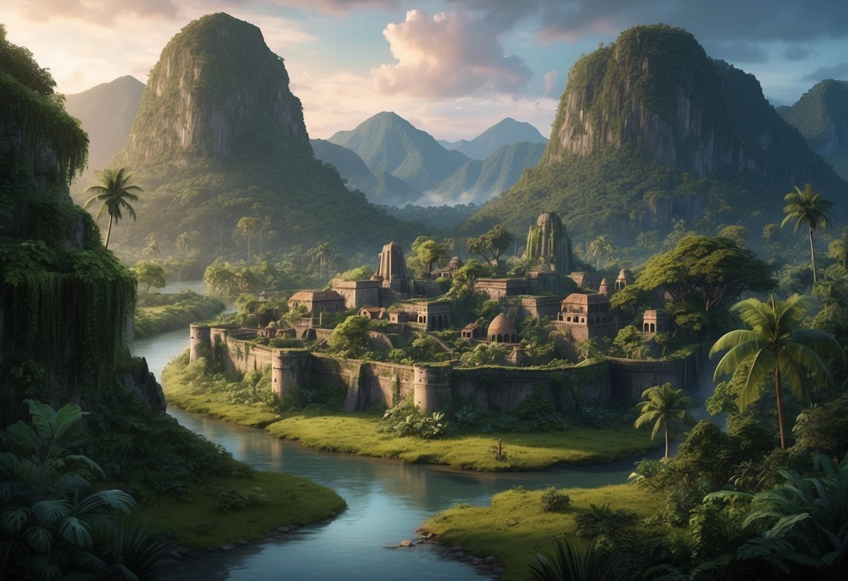 An ancient, overgrown city lies hidden in a lush, jungle landscape, surrounded by towering mountains and a tranquil river