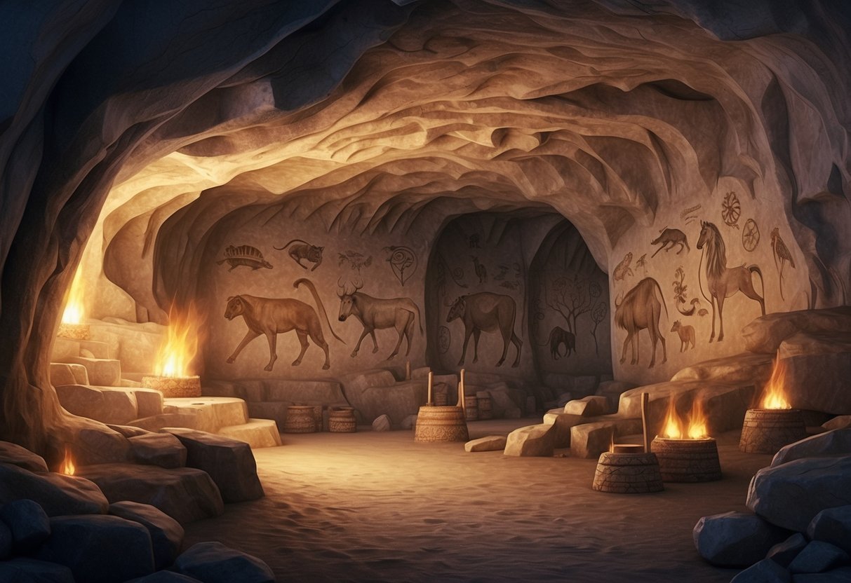 A prehistoric cave adorned with intricate paintings of animals and symbols, illuminated by flickering torchlight