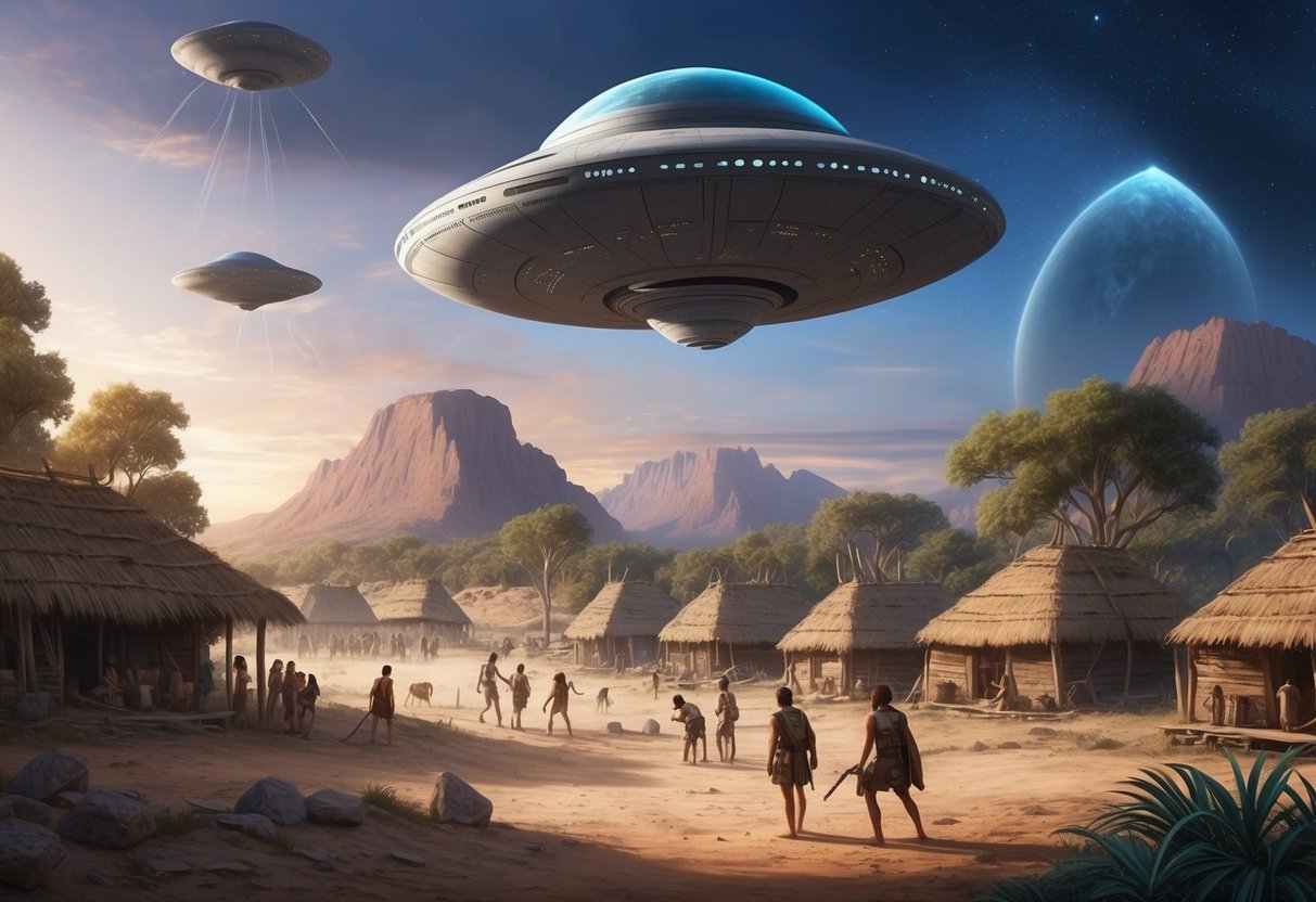 An alien spacecraft hovers over a prehistoric village, observing primitive dwellings and early human activity