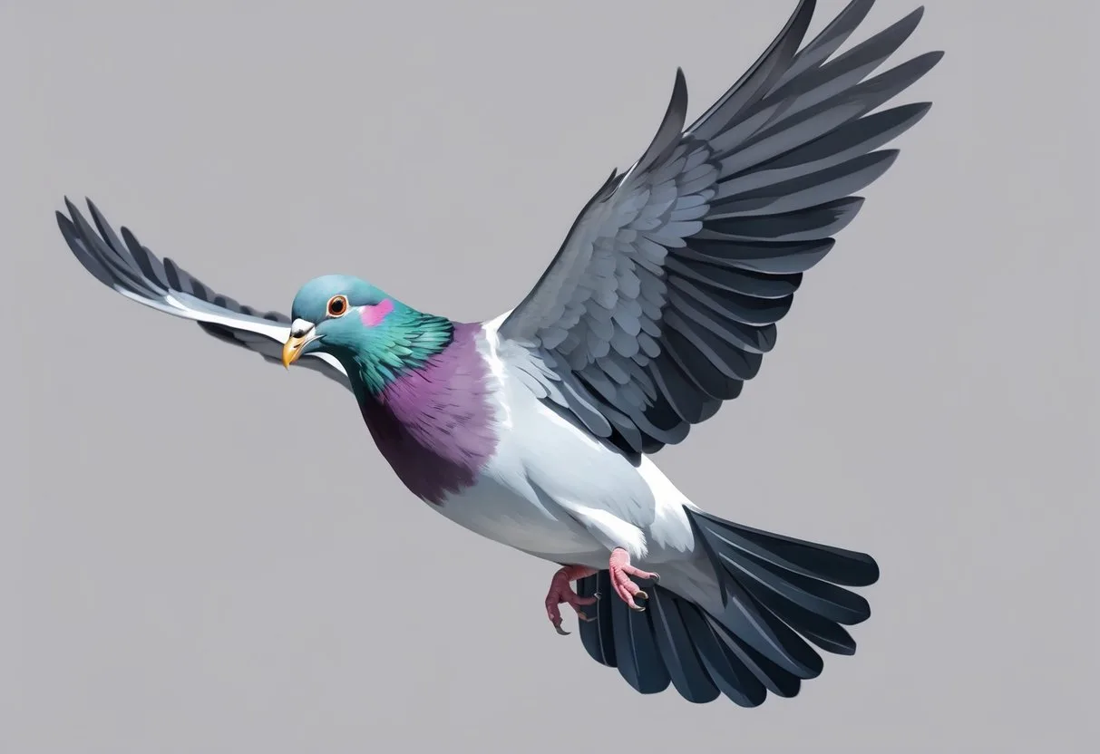 A pigeon in mid-flight, wings outstretched, feathers ruffling, and beak open emitting a cooing sound