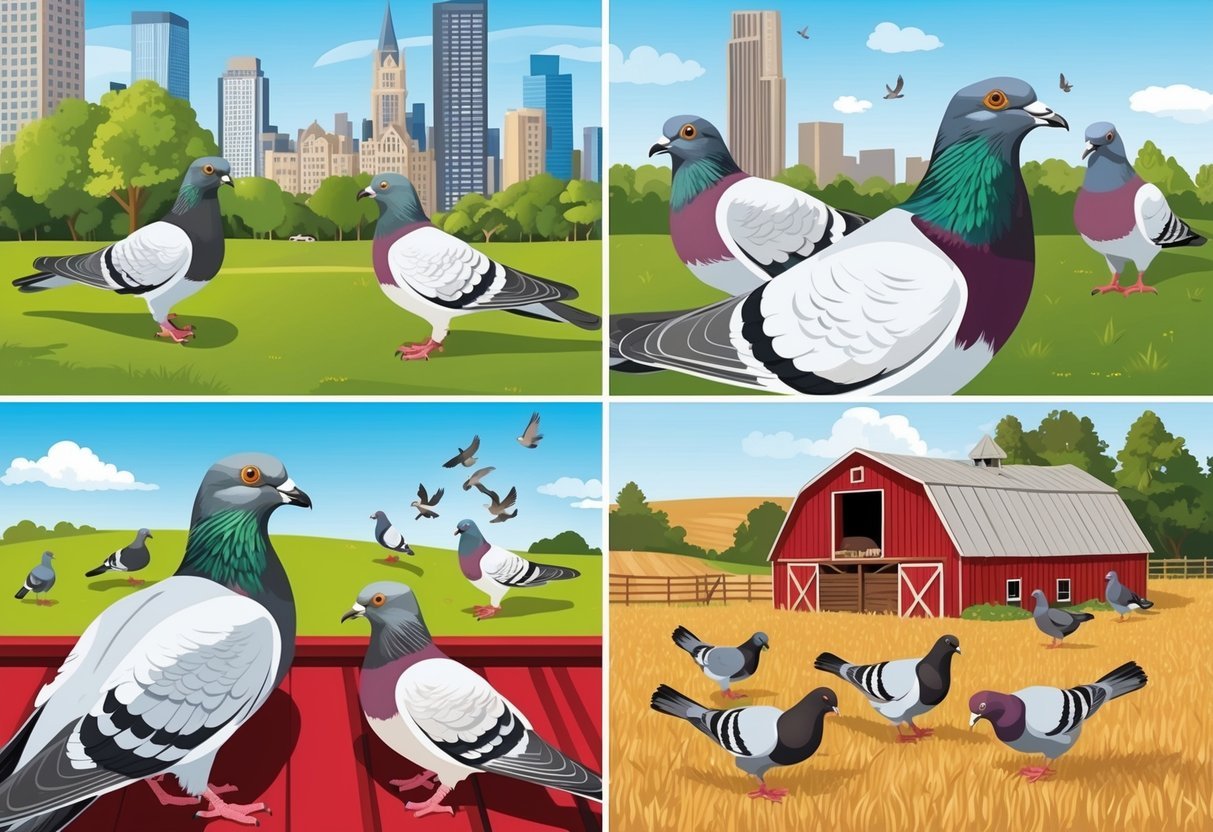 Pigeons cooing in a city park, on a rooftop, and in a rural barnyard