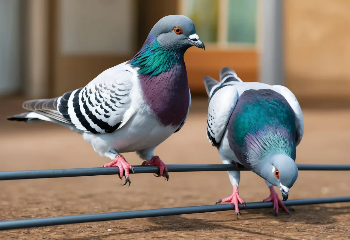 A pigeon perches on a wire, cooing softly with its head tilted. Nearby, another pigeon pecks at the ground