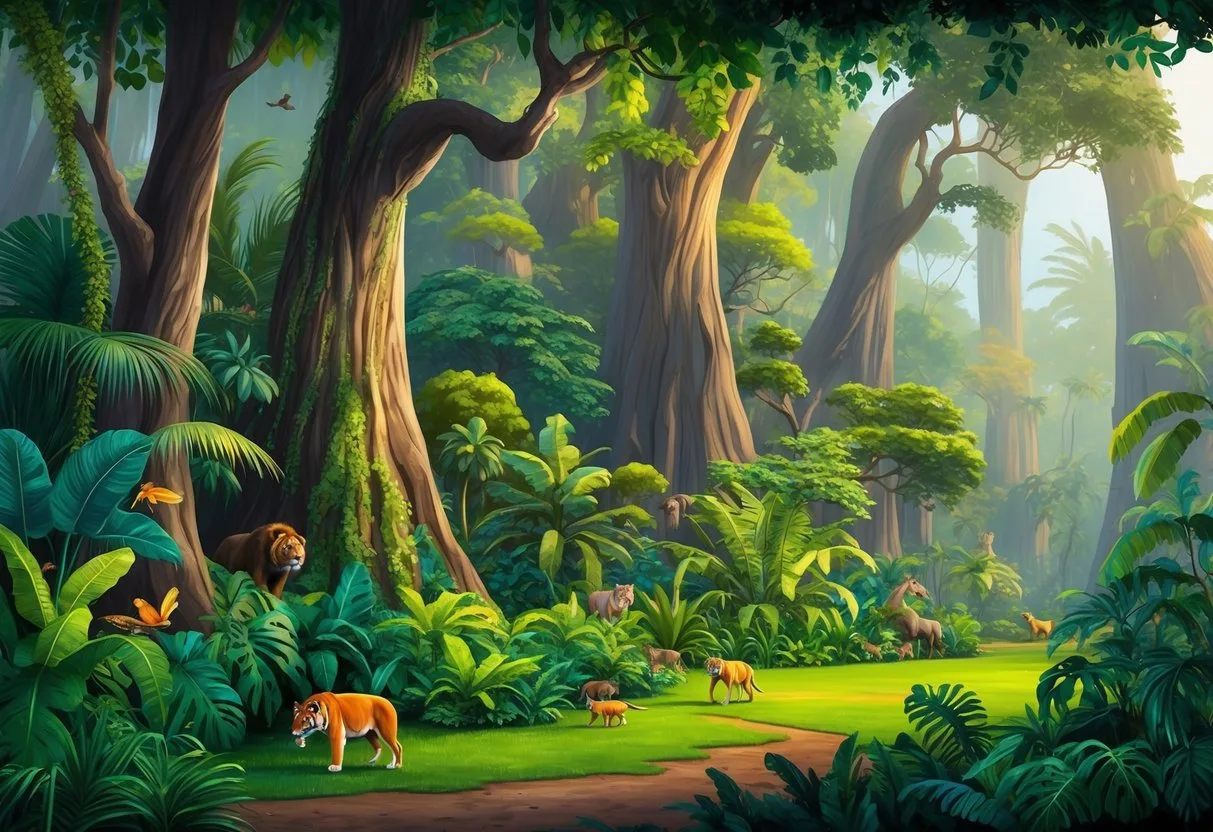 A lush, dense jungle with towering trees, vibrant foliage, and exotic wildlife. The setting is reminiscent of the Indian subcontinent with its unique flora and fauna
