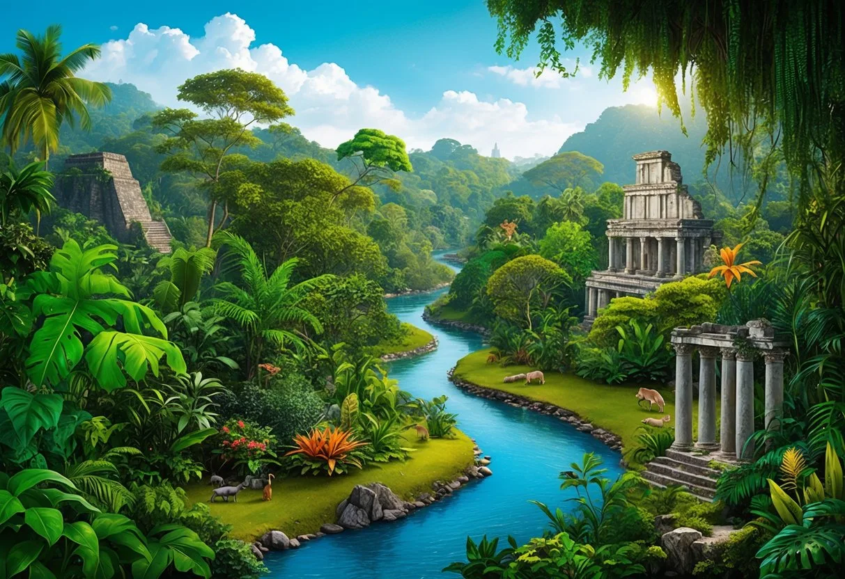 Lush jungle with diverse flora and fauna, a winding river, and ancient ruins