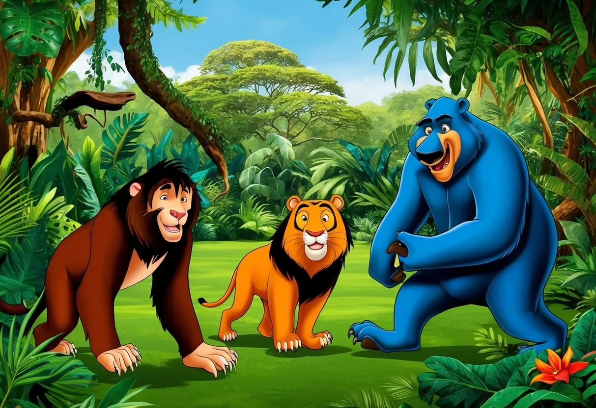 Mowgli, Bagheera, and Baloo in lush Indian jungle clearing
