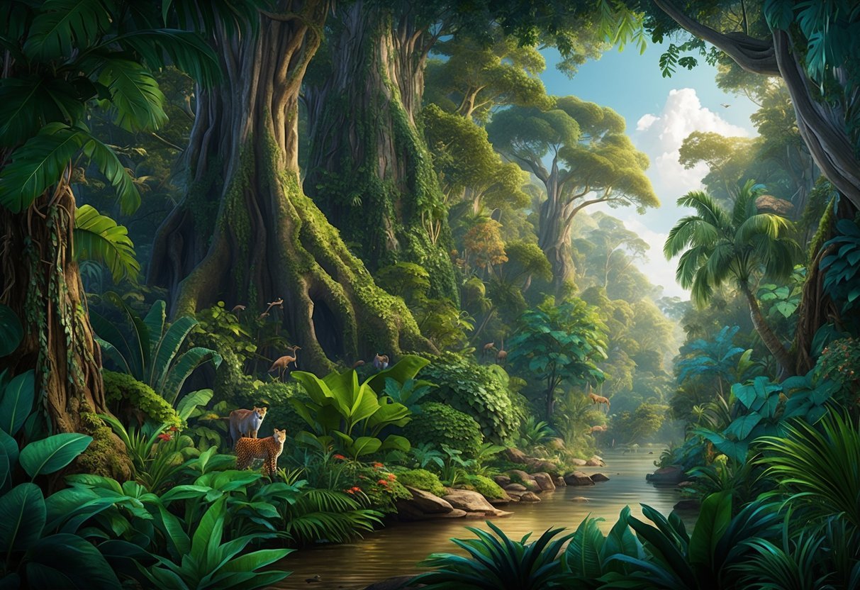 A lush, dense jungle with towering trees, vibrant foliage, and diverse wildlife.</p><p>A sense of mystery and adventure permeates the air