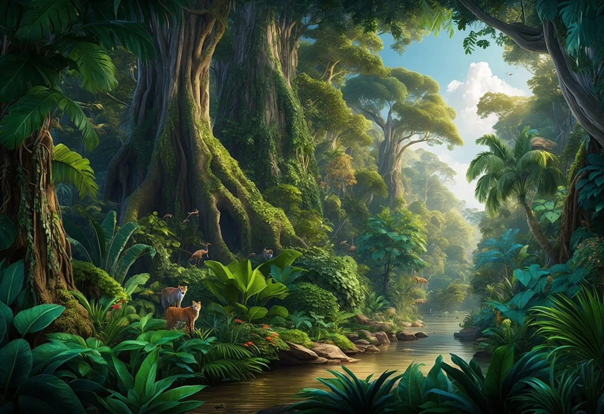 A lush, dense jungle with towering trees, vibrant foliage, and diverse wildlife. A sense of mystery and adventure permeates the air