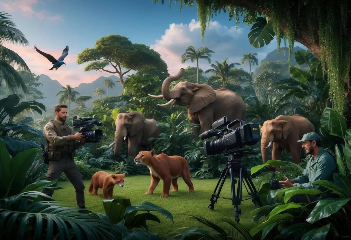 Lush jungle with realistic CGI animals, advanced camera equipment, and motion capture actors