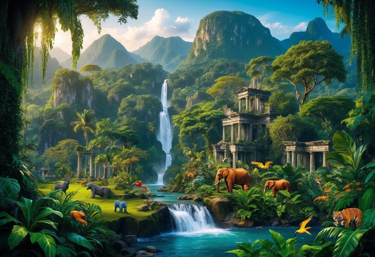 A lush, dense jungle teeming with vibrant wildlife and ancient ruins, set against a backdrop of towering mountains and cascading waterfalls