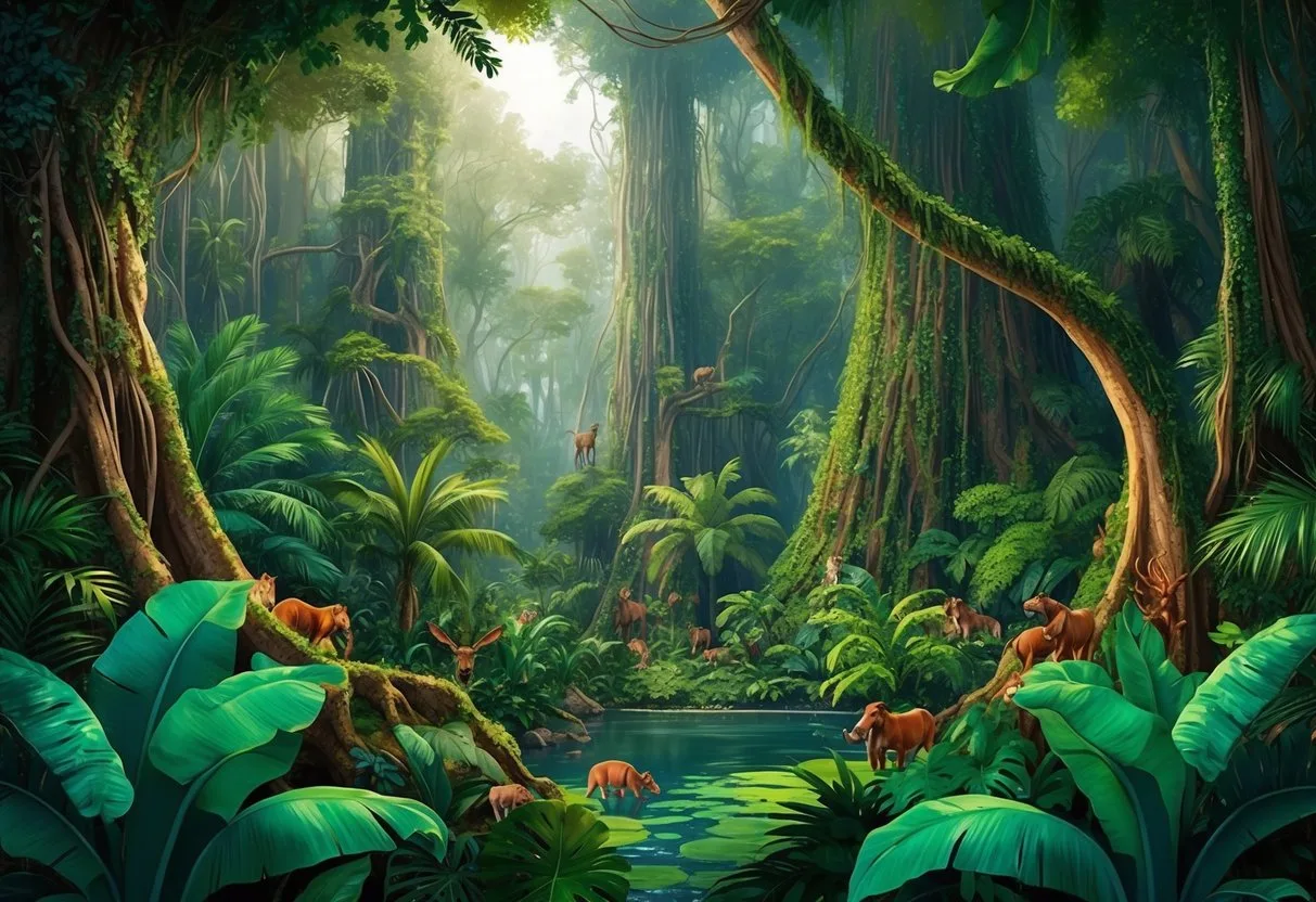 A lush, dense jungle with towering trees, vibrant foliage, and exotic wildlife