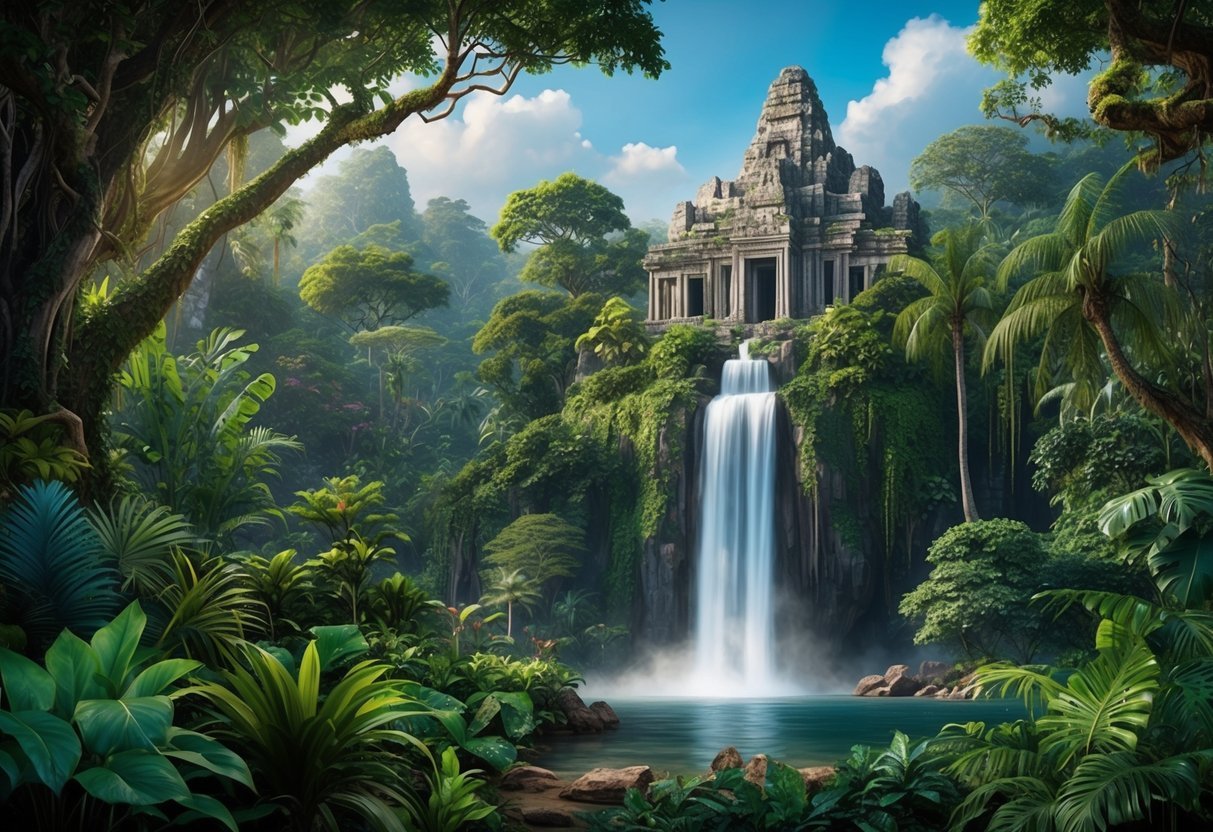 Lush jungle with diverse flora and fauna, a majestic waterfall, and a mysterious ancient temple nestled among the trees