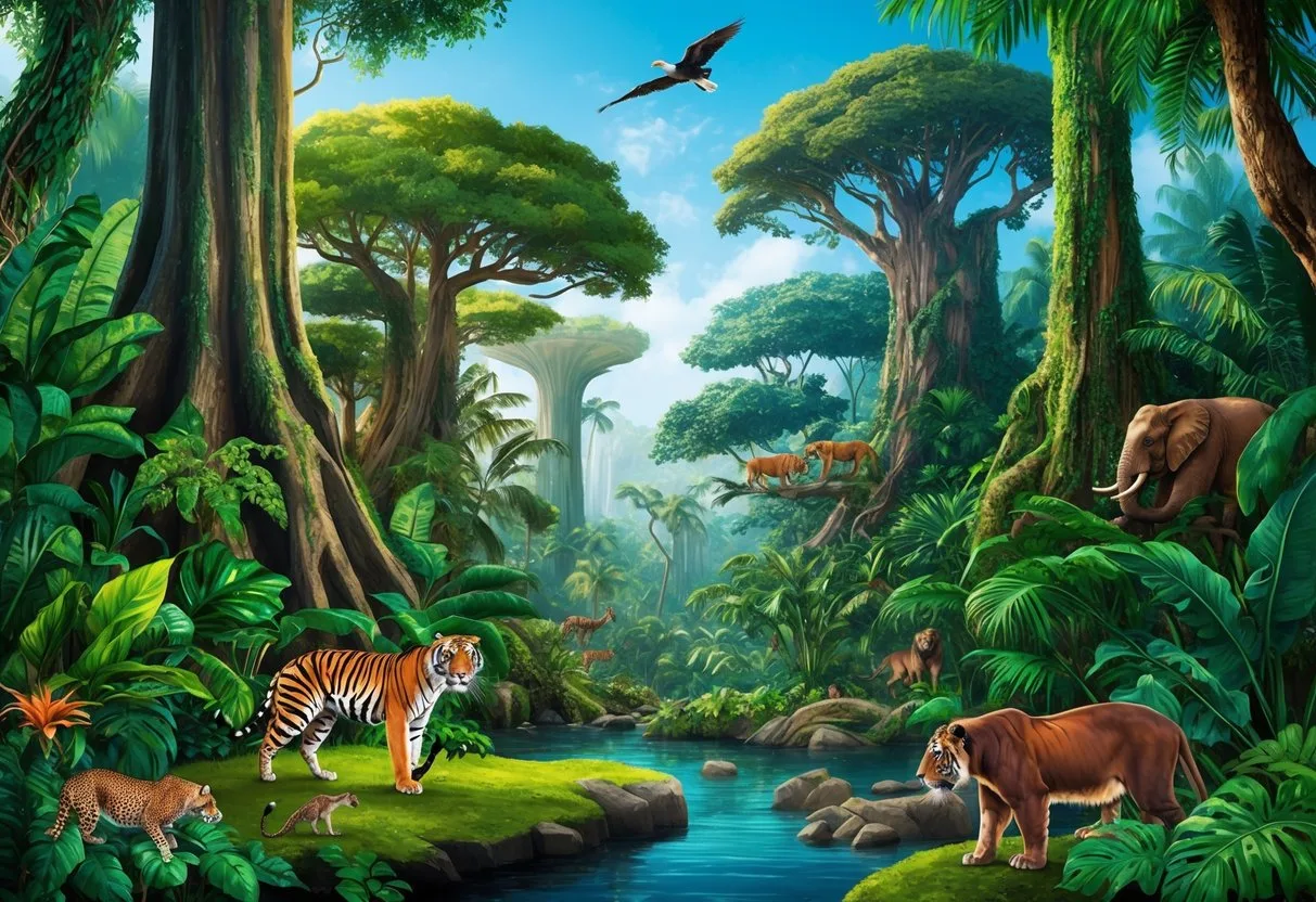 Lush jungle with towering trees, vibrant foliage, and exotic wildlife