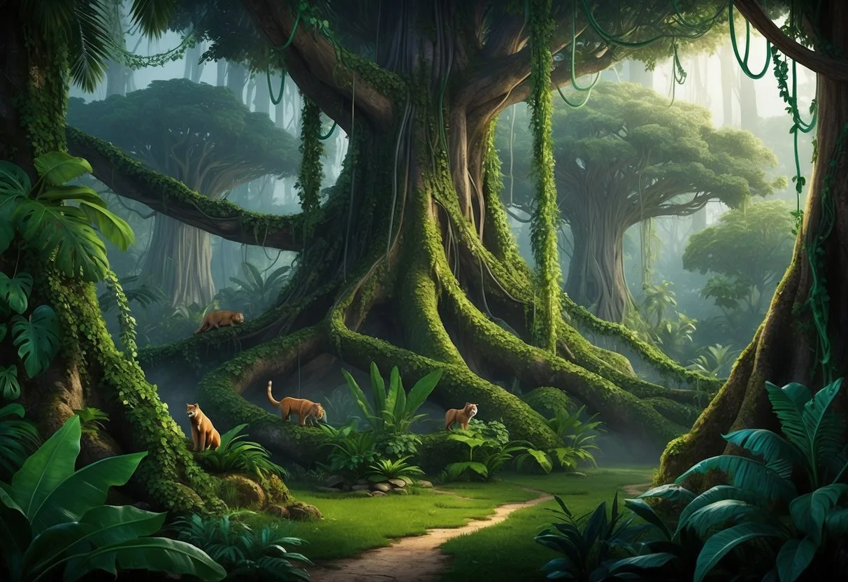 A lush, dense jungle with towering trees, winding vines, and exotic wildlife. A sense of mystery and adventure permeates the air