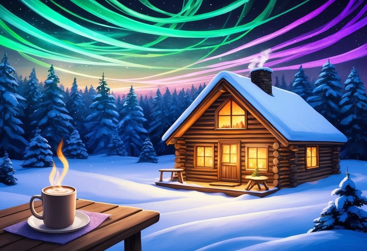 A cozy cabin sits nestled in a snowy forest clearing, with a crackling fire and a steaming mug of hot cocoa on a table. The sky above is alive with swirling ribbons of green and purple light
