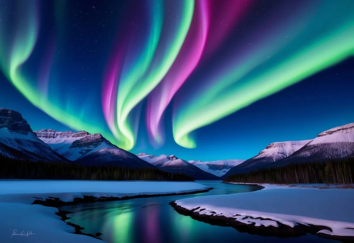 The vibrant hues of the Northern Lights dance across the dark Canadian sky, creating a stunning display of natural beauty