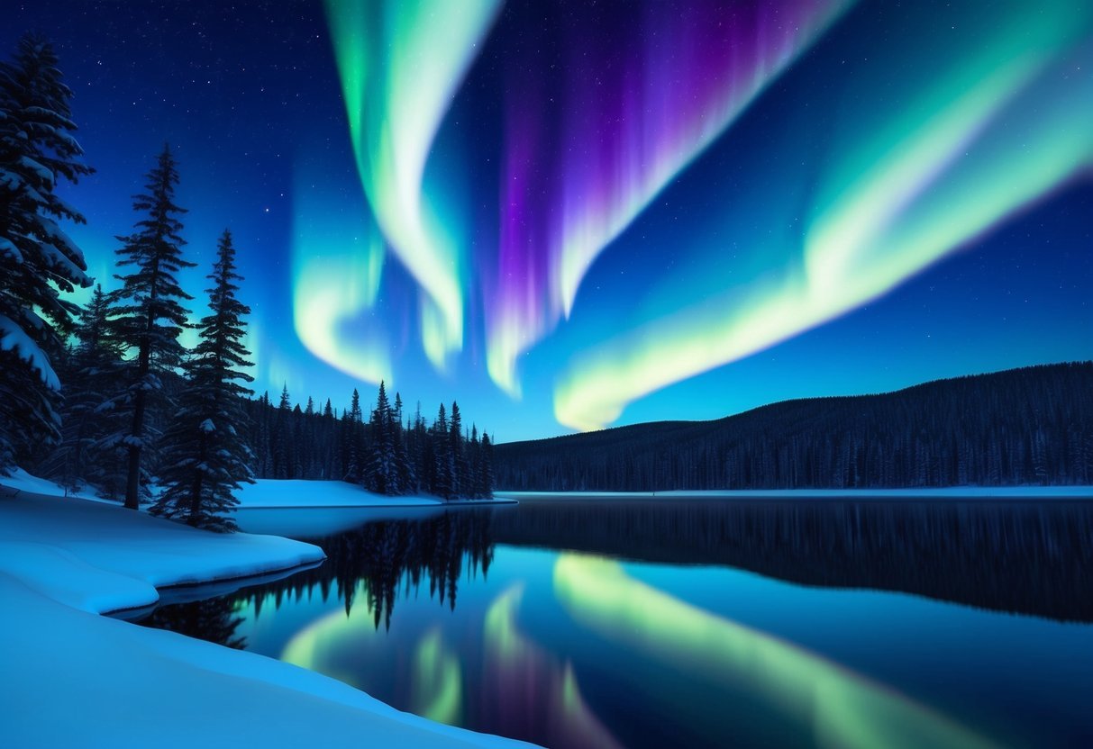 The night sky in Canada is filled with vibrant colors as the northern lights dance above the tranquil wilderness, illuminating the snowy landscape and reflecting off the still waters of a serene lake