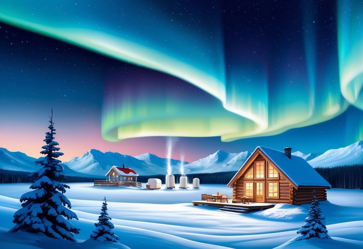 Aurora borealis dances over a snowy Canadian landscape, with a cozy cabin and sustainable energy sources in the background