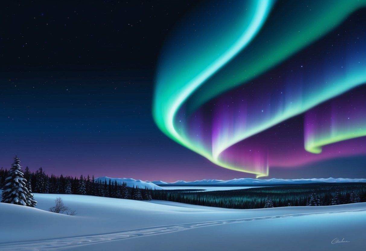 A dark night sky over a snowy Canadian landscape, with vibrant streaks of green and purple Northern Lights dancing across the horizon