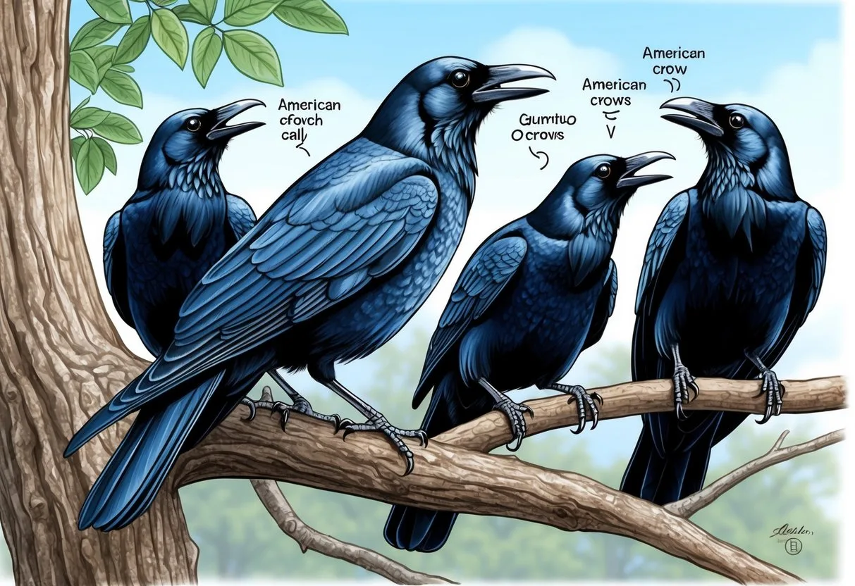 An American crow perched on a tree branch, surrounded by other crows. They are communicating with each other through various calls and body language