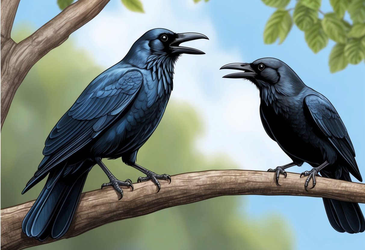 An American crow perches on a tree branch, cawing at another crow nearby