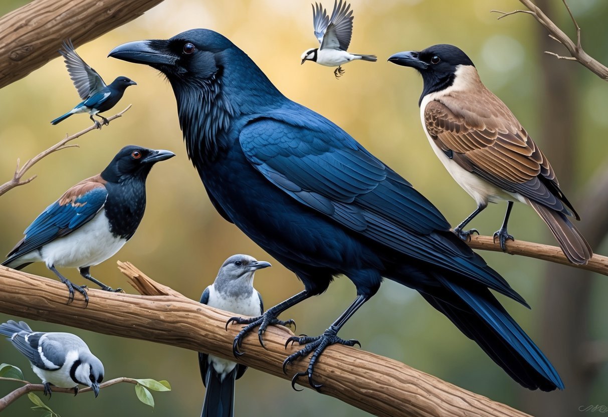 An American crow perched on a tree branch, surrounded by other birds