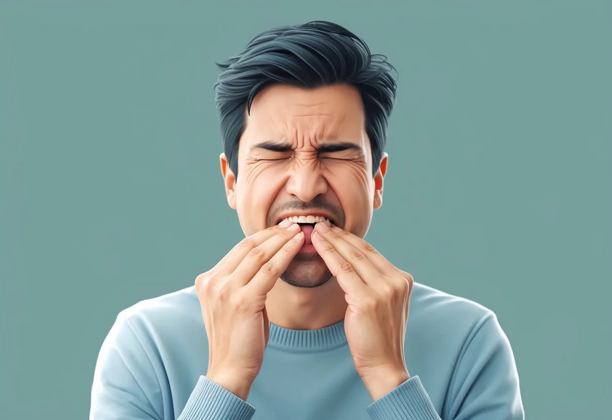 A person grimaces as a bitter taste fills their mouth, symbolizing the sudden onset of dysgeusia, possibly related to COVID