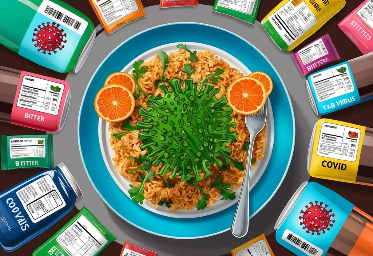 A plate of food with a sudden bitter taste, surrounded by nutritional labels and a depiction of the COVID virus