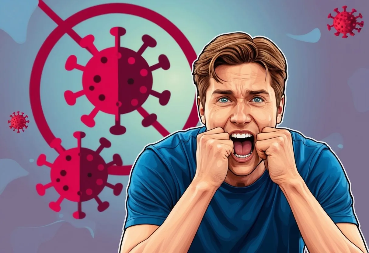 A person recoiling from a sudden bitter taste, with a COVID virus symbol in the background