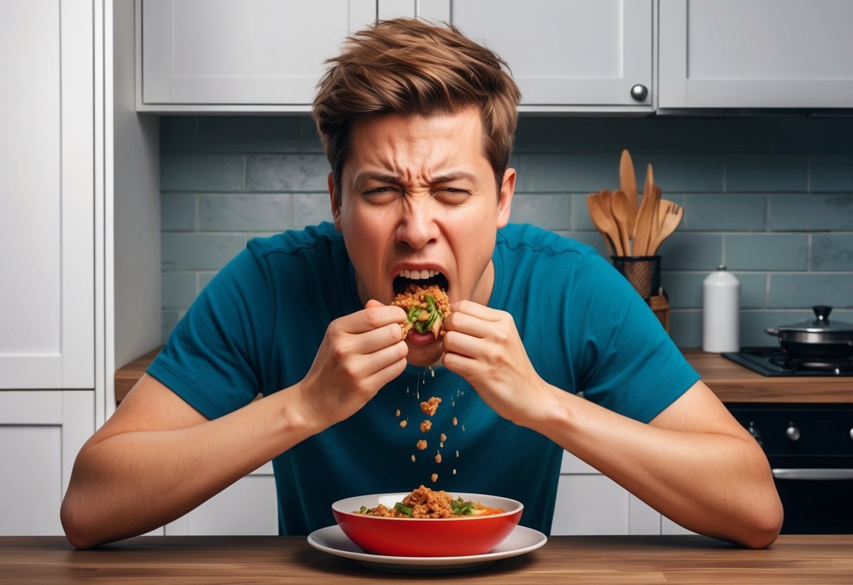 A person spitting out food with a disgusted expression