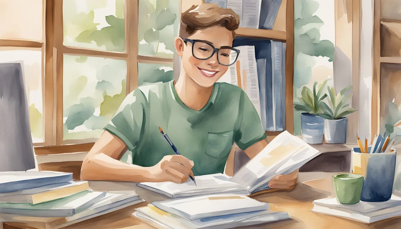 A student sits with a notebook and pen, surrounded by college brochures and interview tips. A confident smile on their face as they prepare for college interviews