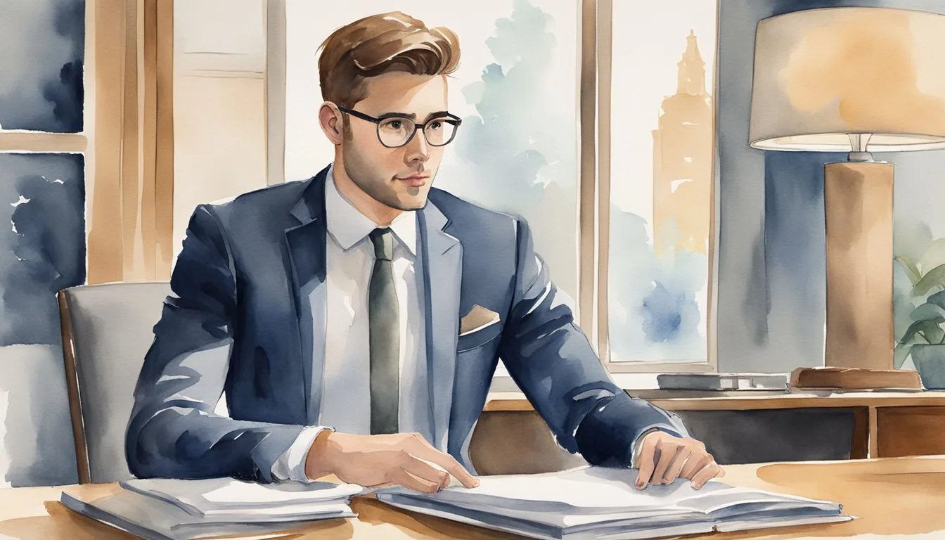A college student sits confidently in a well-tailored suit, holding a portfolio and maintaining eye contact during an interview. The room is well-lit and professional, with a desk and chairs