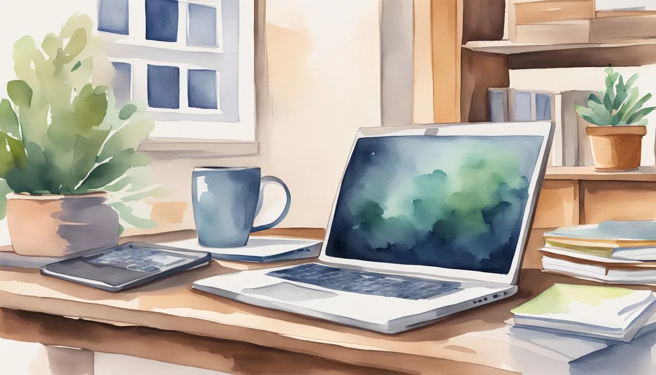 A desk with a laptop, textbooks, and a planner. A clock on the wall shows a balance between work and study time. A clear list of priorities is visible