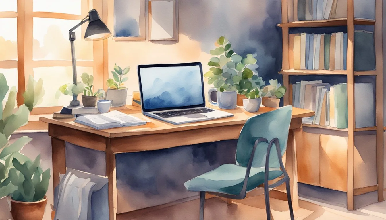 A clutter-free desk with a laptop, textbooks, and a notepad. A cozy chair with good lighting. A calendar and a clock on the wall