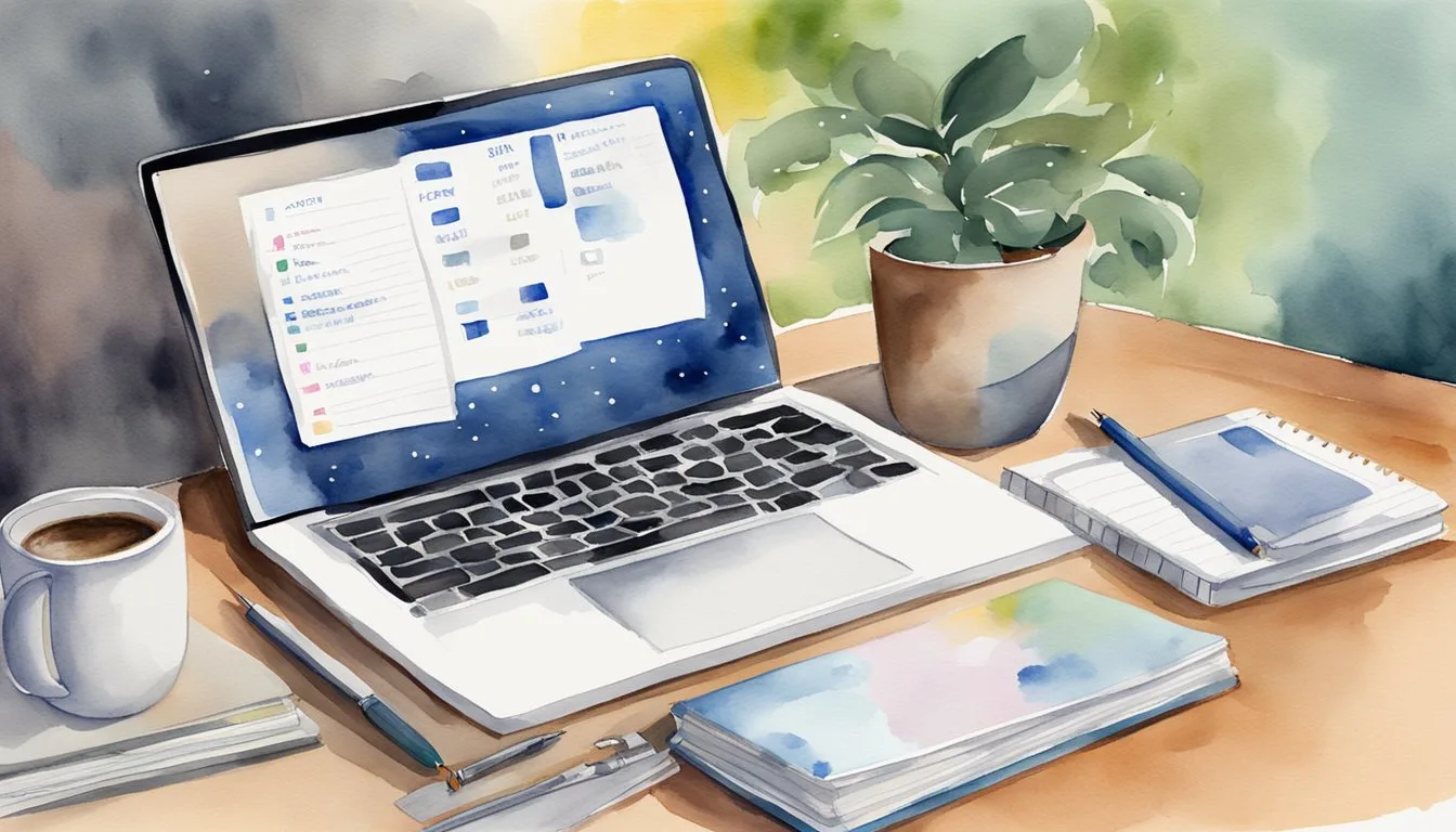 A student's laptop open with emails to professors. A calendar showing work and class schedules. A cup of coffee and notebook nearby