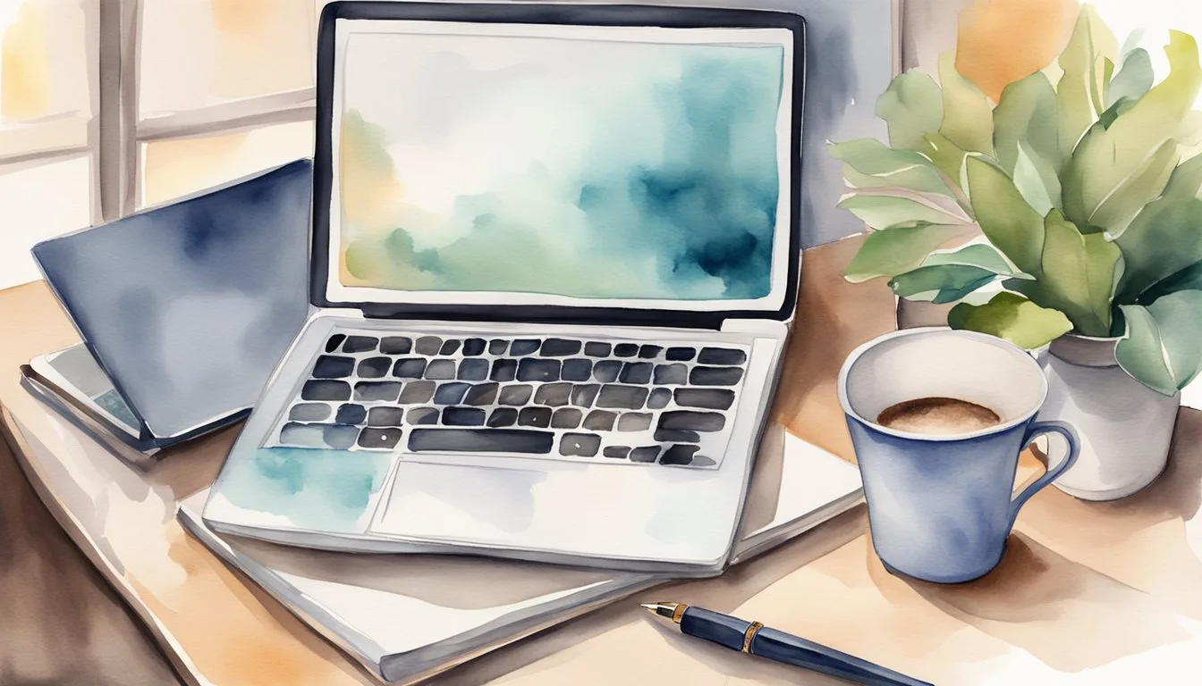 A laptop on a desk with a notepad and pen. A clock on the wall shows the time. A window with natural light. A cup of coffee or tea
