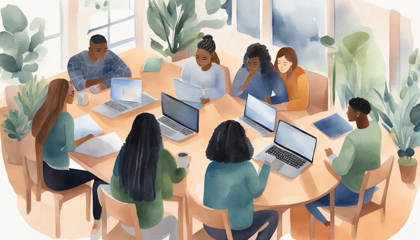 A group of diverse students gather around a table, laptops open, discussing and collaborating on their online college coursework. They are focused and engaged, balancing their work and studies effectively