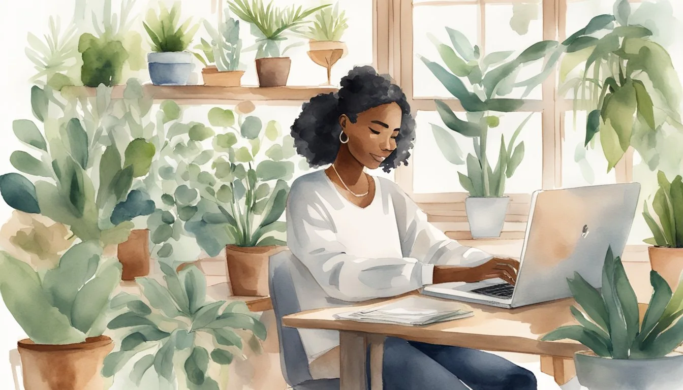 A person sits at a desk with a laptop and notebook, surrounded by plants and calming decor. They have a cup of tea and a healthy snack nearby. The room is well-lit and organized, creating a peaceful and productive atmosphere