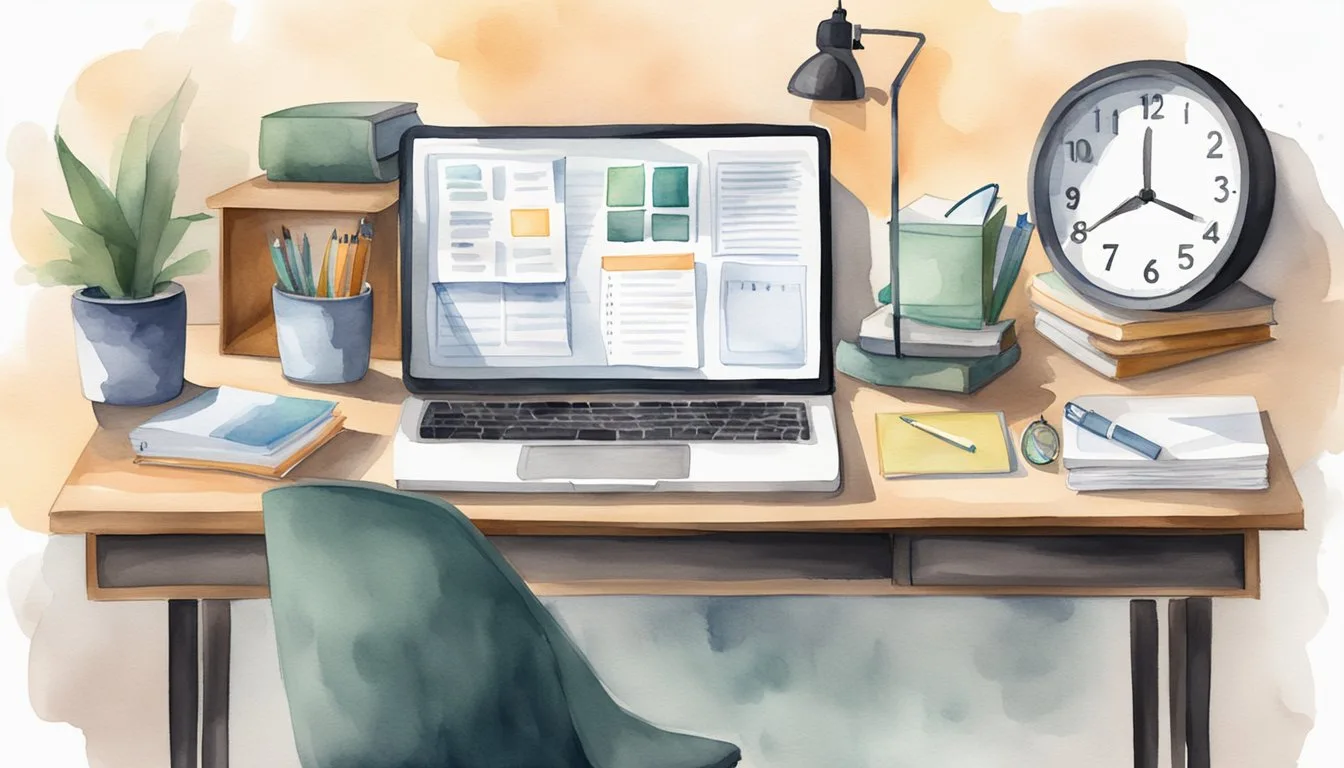 A desk with a laptop, planner, and textbooks. A clock on the wall shows a balance of work and study time. A checklist with 9 tips is pinned to the wall