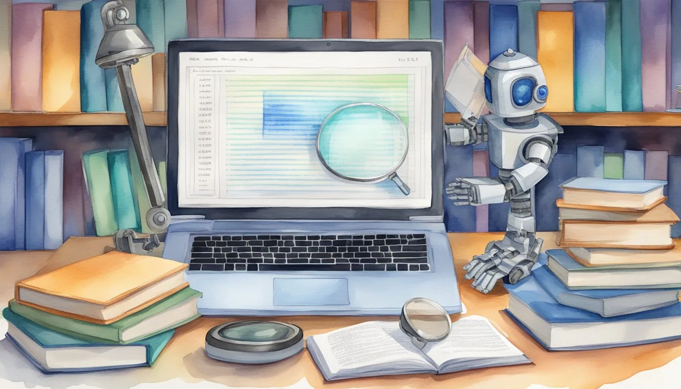 A computer displaying C++ code surrounded by AI-related books and a robot arm holding a magnifying glass